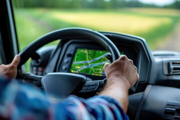 Driver navigating a truck with GPS in a rural landscape