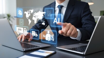 Businessman using artificial intelligence interface for logistics and supply chain