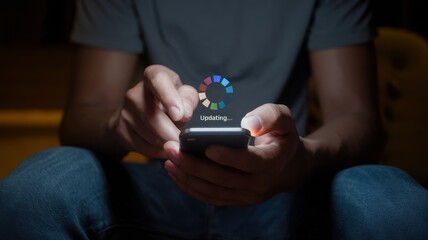 Person updating a smartphone with a loading icon on screen