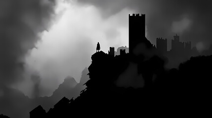 Obraz premium The dark castle is shrouded in mystery. a lone figure stands on the battlements, looking out over the stormy landscape. The Obsidian Watchtower. Illustration