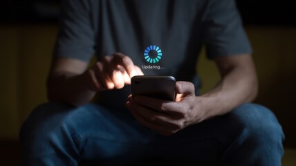 Man holds phone showing update loading progress indicator