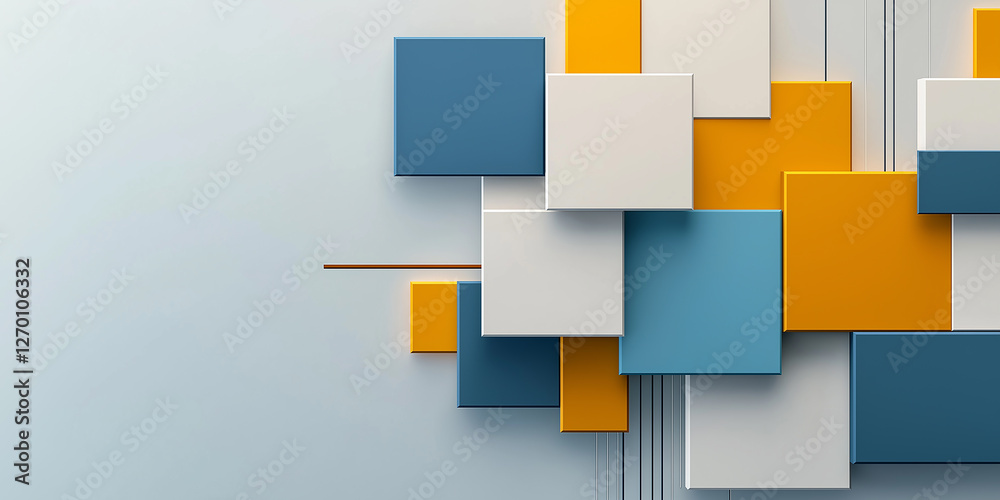 Aufkleber abstract background showing blue, white and orange squares overlapping on a light blue surface