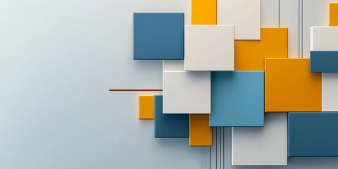 Abstract background showing blue, white and orange squares overlapping on a light blue surface