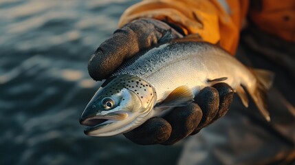 Fototapeta premium Freshly Caught Trout Held Gently Over Water, Symbol of Fishing Success