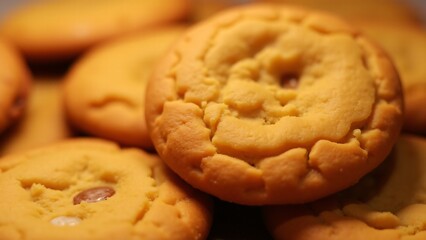 A close-up of a gingerbread cookie's crispy, golden texture with visible spices. Lighting emphasizes its crunchy and spiced texture.