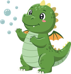Naklejka premium Cute green dragon character blowing bubbles in flat vector art