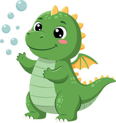 Fototapeta premium Cute green dragon character blowing bubbles in flat vector art