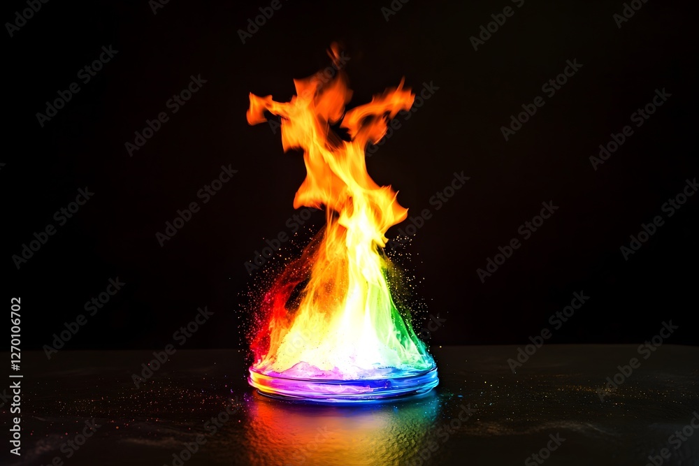 Poster chromatic combustion: a vibrant, multicolored flame dances atop a small, glowing platform, creating 