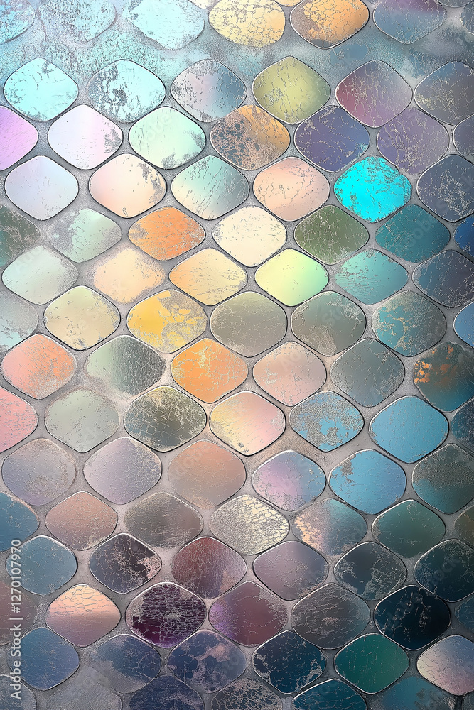 Poster Colorful rounded tiles creating repeating pattern on wall