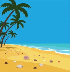 Obraz premium Beach scene with palm trees in flat vector art style