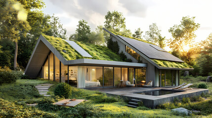 This eco-friendly house features a green roof, solar panels, and modern design, harmonizing with its lush surroundings in an environmentally conscious setting. Harmonic Energy Constructs. Illustration