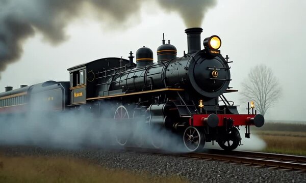 Vintage steam train moving on tracks, countryside background. Possible stock photo use