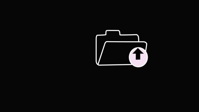 Document file and information database upload or transfer process with arrow icon animation. up load white folder icon on black background