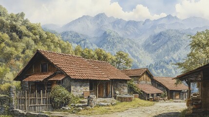 Scenic Mountain Village with Traditional Houses and Vibrant Nature