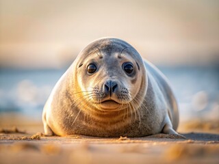Obraz premium Sandy beach, lone seal, minimalist ocean wildlife.
