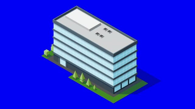 Isometric city building animation. Isometric modern building. Skyscraper building or business office. Motion graphic
