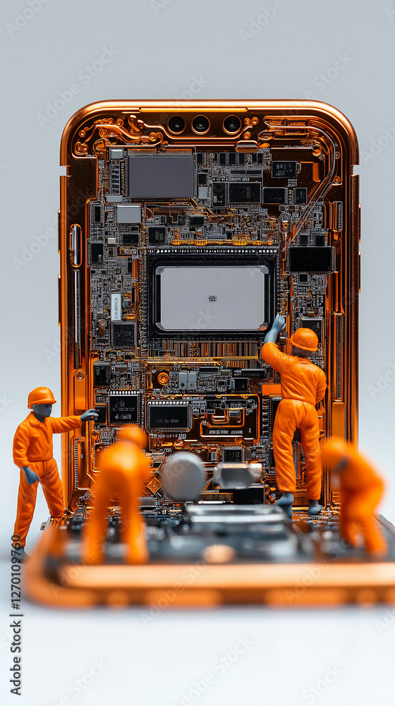 Poster miniature engineers working on a smartphone motherboard, highlighting the complexity of modern mobil