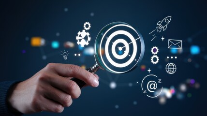 Magnifying glass focuses on target surrounded by business icons