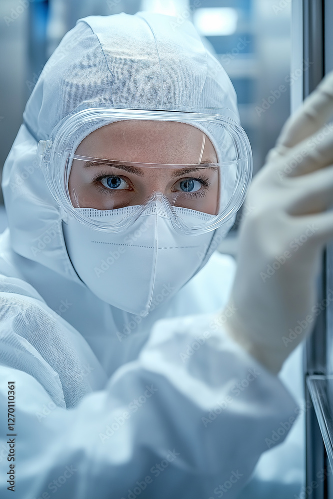 Poster scientist working in sterile high tech laboratory manufacturing facility