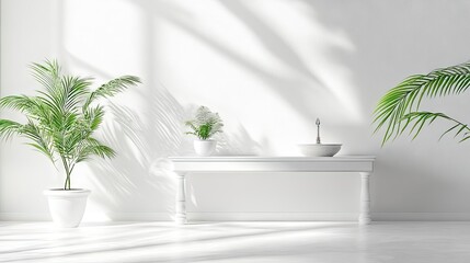 A bright and airy entryway with a clean console table, a decorative fountain, and fresh greenery