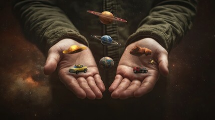 Hands holding planets, cars, and animals in space. Possible stock photo use