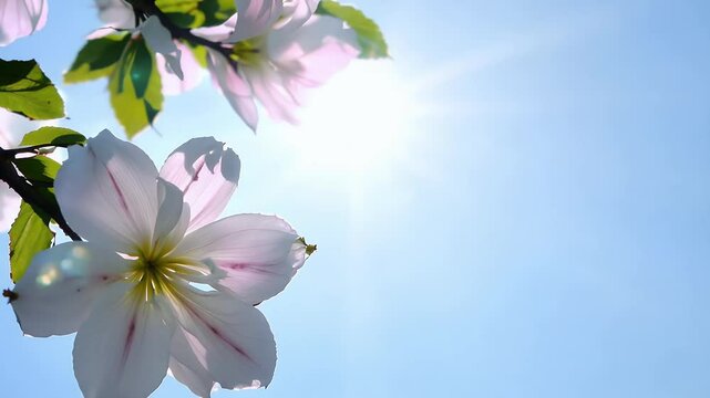 Slow motion close blooming cherry branch swaying gently spring breeze vivid pink blossoms contrasting beautifully clear blue sky