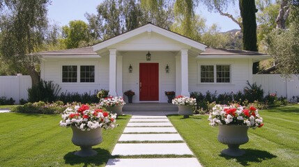 Fototapeta premium A classic white home with a bold red door, symmetrical flower pots, and a clean pathway