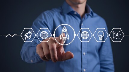 Man touches illuminated rocket icon on digital interface screen
