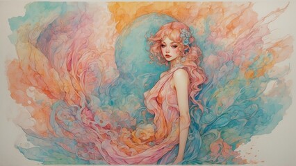 Naklejka premium A young woman with artistic expression in a colorful watercolor style with floral elements with a place for text