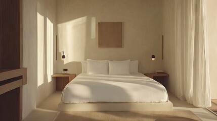 A cozy and balanced bedroom with a medium-sized bed, carefully placed decor, and a harmonious feel
