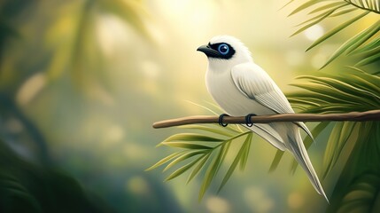 Serene White Bird on Branch in Lush Green Tropical Forest