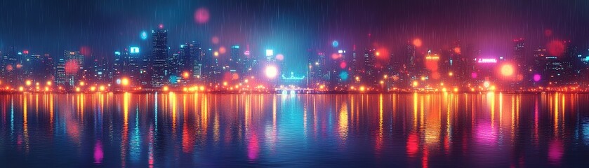 Obraz premium Illuminated cityscape at night urban waterfront artistic photography vibrant environment wide-angle view modern concept