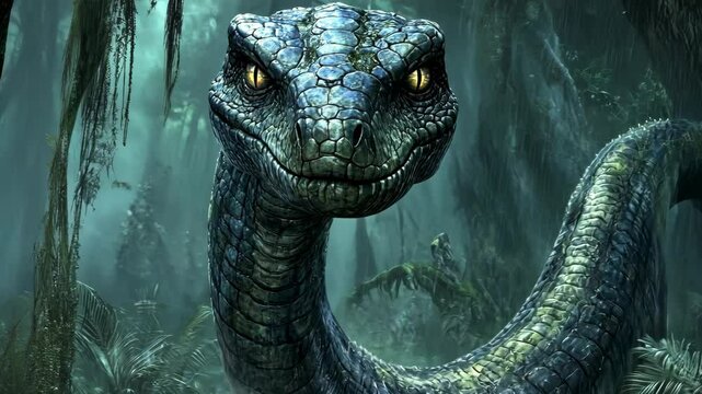 Giant serpent lurking in a dense jungle with striking yellow eyes and textured scales under mysterious lighting