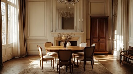 A cozy dining room with a round wooden table surrounded by elegant chairs, creating a warm atmosphere
