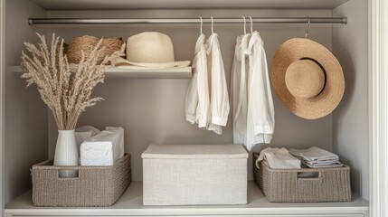 A decluttered and well-organized closet with neatly arranged clothing, storage boxes, and fresh scents