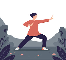 Woman practicing martial arts in a flat vector art style