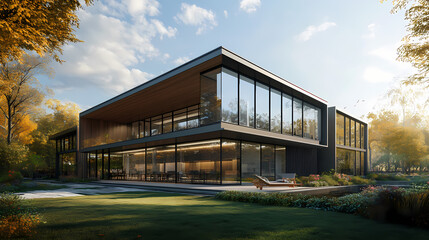 Obraz premium A modern architectural building featuring large glass windows and wooden accents, showcasing a sleek design harmonizing with the surrounding landscape. Harmonic Energy Constructs. Illustration