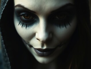 Spooky woman wearing halloween makeup and black hood staring at you