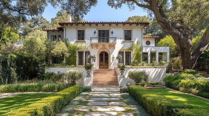 Obraz premium A grand entrance with a well-maintained pathway leading to a bold-colored front door, enhancing curb appeal