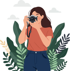 Woman holding a camera surrounded by various green plants vector illustration