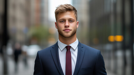 Fototapeta premium confident young man in suit stands in urban setting, exuding professionalism and style.