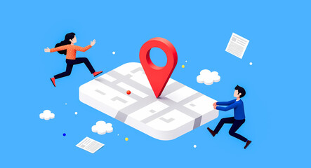 two figures collaboratively moving a map with a location marker