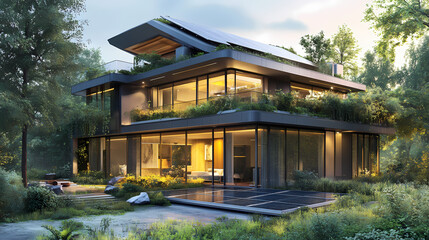 Fototapeta premium A modern, eco-friendly house design featuring lush greenery, solar panels, and large windows, harmonizing nature with contemporary architecture. Harmonic Energy Constructs. Illustration