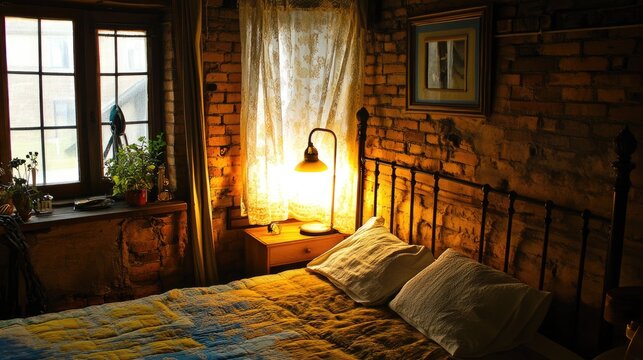 A harmonious bedroom with a well-sized bed, soft drapes, and a peaceful, balanced atmosphere