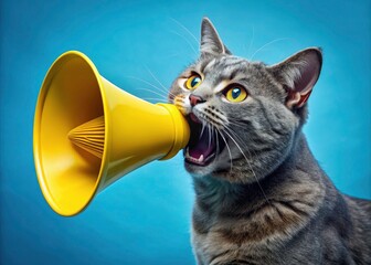 Fototapeta premium Screaming grey cat with megaphone: a hilarious pet pic against a bright blue backdrop. Pure comedic genius!