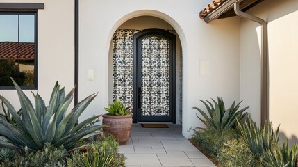 Fototapeta premium A Mediterranean-style home with a grand arched front door, intricate tilework, and green plants