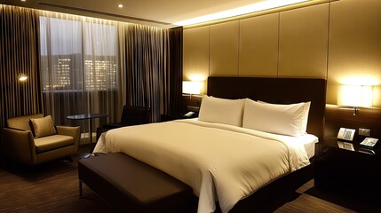 A modern and cozy bedroom with a well-proportioned bed, soft lighting, and neutral-toned decor