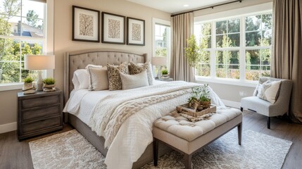 Fototapeta premium A modern and romantic bedroom with a warm color scheme, elegant bedding, and a balanced layout