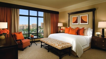 Obraz premium A modern and romantic bedroom with a warm color scheme, elegant bedding, and a balanced layout