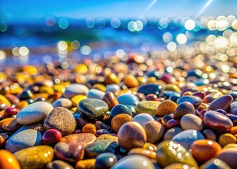 Sea pebbles' abstract bokeh background, perfectly framed by the rule of thirds, creates stunning beach photography.